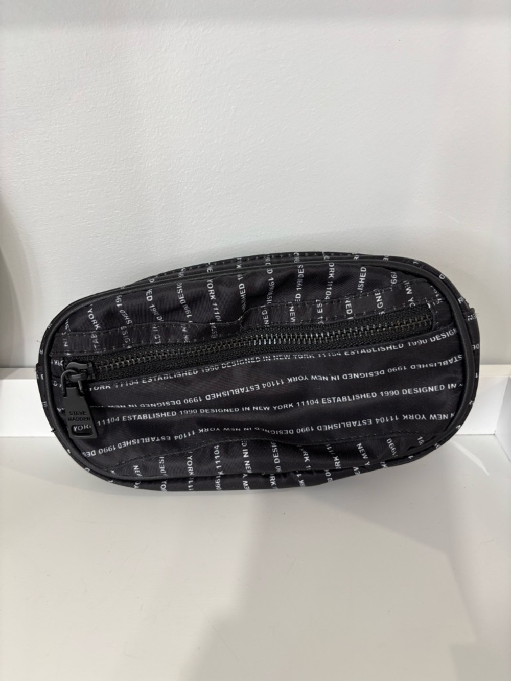 2/$15 Steve Madden Black Logo-Print Oval Zip Pouch
